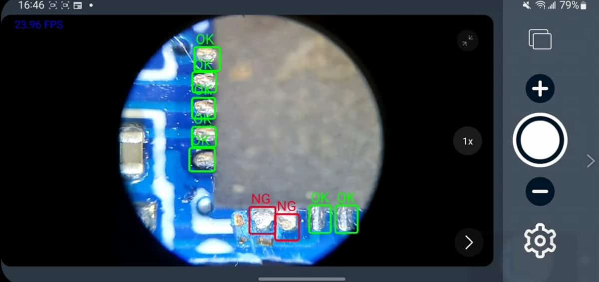 Microscopic view of a circuit board showing defect detection with "NG" (Not Good) labels highlighting faulty solder joints and "OK" labels for good ones, using META-aivi AR + AI vision.