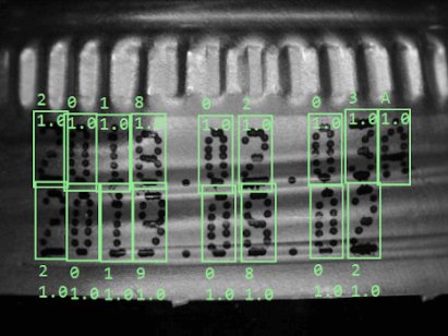 Automated OCR (optical character recognition) using SolVision AI vision for reading production and expiry dates (2018/2019) printed in dot matrix format on a bottle cap, with green bounding boxes highlighting the text.