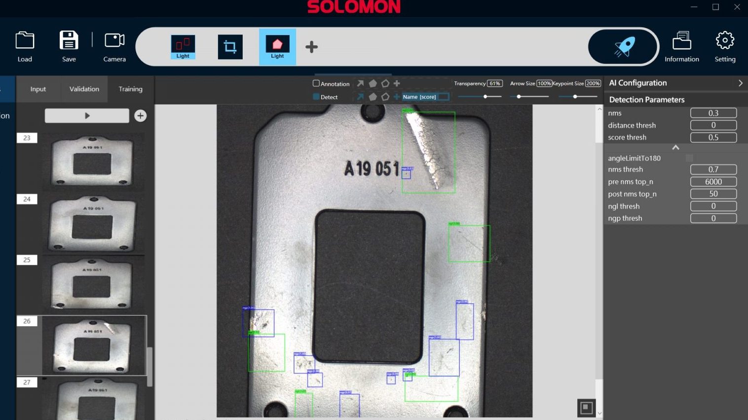 A screenshot of the SolVision AI vision system software interface showing a metallic hardware casing. The system has automatically detected and highlighted subtle defects on the surface during metal casing inspection for quality control.