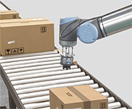 Packaging cardboard boxes on a conveyor being picking by a UR robot arm