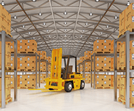 Logistics and Warehousing yellow forklift truck inside a warehouse