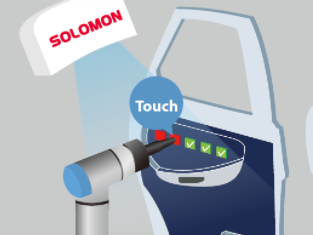 Handling Automotive Parts for Assembly graphic showing robotic grinding of metal bicycle frame using SolMotion VGR software